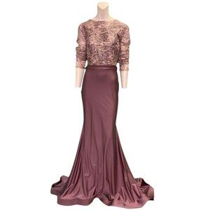 Jessica Angel 884 Floral Bodice V-back Maxi Gown Champagne Size Large NWT